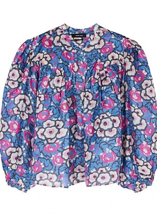 ISABEL MARANT Jaitlyn blue printed silk blouse / bold floral print balloon sleeve blouses - flipped