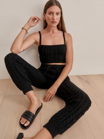 Reformation Italo Cotton Cable Set in Black | cropped fitted tank and cuffed pants | chic knits | womens loungewear | stylish knitted fashion | on trend lounge sets - flipped