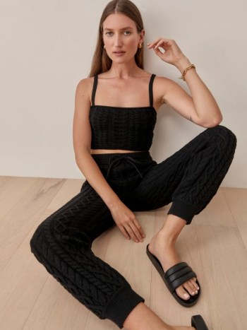 Reformation Italo Cotton Cable Set in Black | cropped fitted tank and cuffed pants | chic knits | womens loungewear | stylish knitted fashion | on trend lounge sets