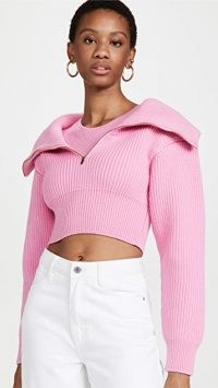 Jacquemus Risoul Mesh Sweater / cropped pink wool sweaters / crop hem oversized collar jumpers