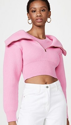 Jacquemus Risoul Mesh Sweater / cropped pink wool sweaters / crop hem oversized collar jumpers - flipped