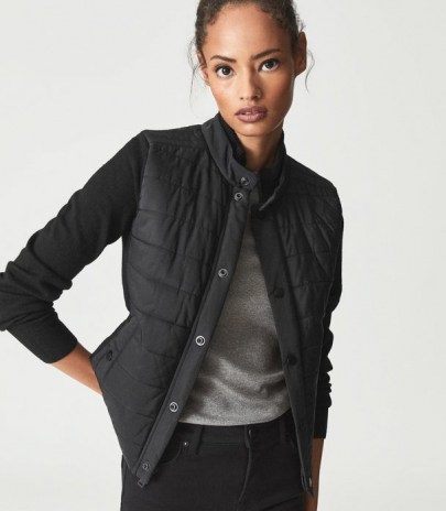 REISS JADE HYBRID ZIP THROUGH QUILTED JACKET BLACK ~ womens chic part-knit gilet style jackets - flipped