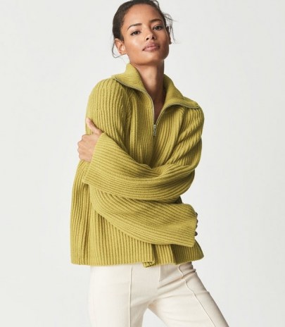 REISS JANETTE RIBBED ZIP NECK JUMPER GREEN ~ womens rib knit pullover jumpers - flipped