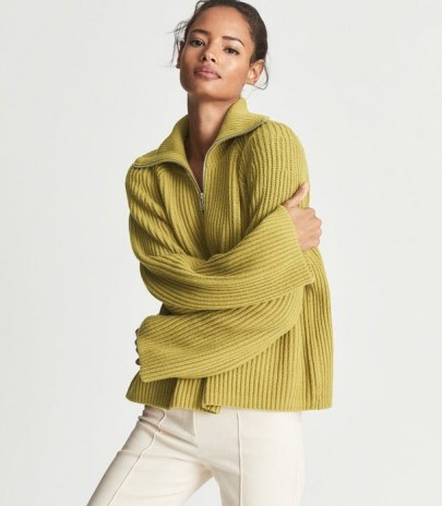 REISS JANETTE RIBBED ZIP NECK JUMPER GREEN ~ womens rib knit pullover jumpers