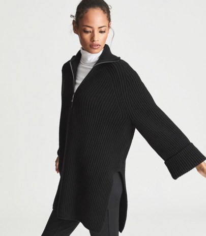 REISS JEAN RIBBED ZIP NECK JUMPER BLACK ~ women’s longline split hem jumpers ~ womens relaxed knitted sweaters