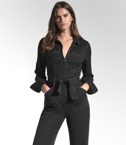 REISS JETT PAIGE UTILITY JUMPSUIT BLACK ~ chic utilitarian fashion ~ tie waist denim jumpsuits - flipped