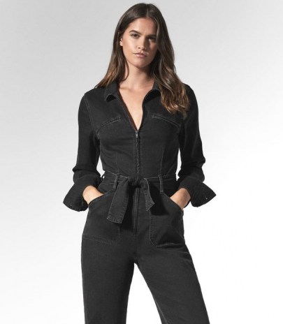 REISS JETT PAIGE UTILITY JUMPSUIT BLACK ~ chic utilitarian fashion ~ tie waist denim jumpsuits
