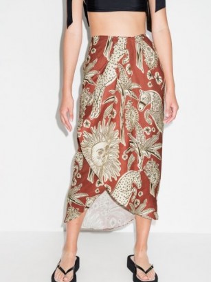 Johanna Ortiz Anorazas wrap midi skirt / brown organic linen animal print skirts - flipped
