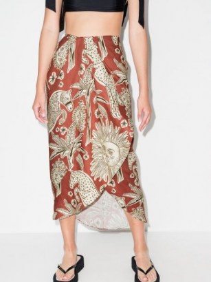 Johanna Ortiz Anorazas wrap midi skirt / brown organic linen animal print skirts