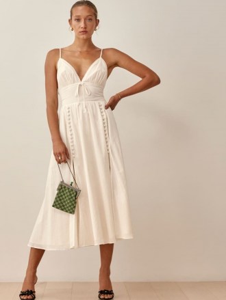 Reformation Jolene Dress in Cream | skinny strap high slit hem dresses | beautiful feminine fashion | organic cotton clothing