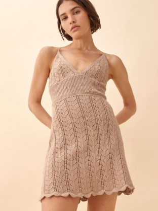 Reformation Junio Open Knit Dress in Sand | skinny strap deep V-neck knitted dresses | retro knitwear