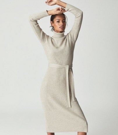 REISS KARA KNITTED BODYCON DRESS NEUTRAL ~ chic high neck rib knit tie waist dresses ~ womens sweater and jumper dresses ~ women’s autumn and winter fashion - flipped