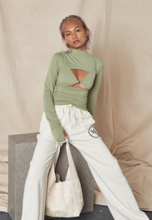 MISSGUIDED khaki cut out bralet overlay top – green long sleeve high neck tops