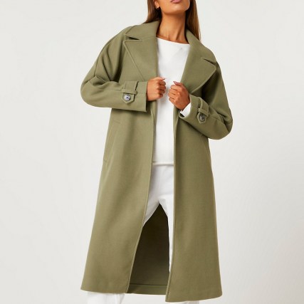 River Island Khaki relaxed duster coat | green trench style open front coats - flipped