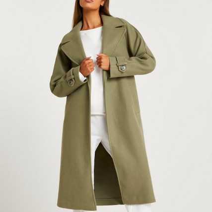 River Island Khaki relaxed duster coat | green trench style open front coats