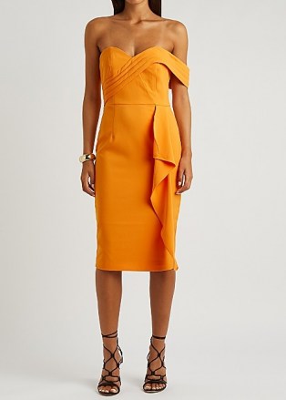 LAVISH ALICE Orange one-shoulder midi dress / sweetheart neckline pencil dresses / bright occasion fashion