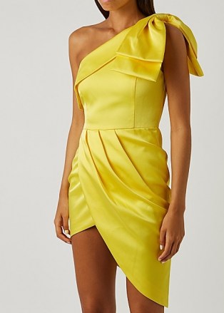 LAVISH ALICE Yellow bow-embellished satin mini dress | asymmetric luxe style party dresses | one shoulder occasion fashion - flipped