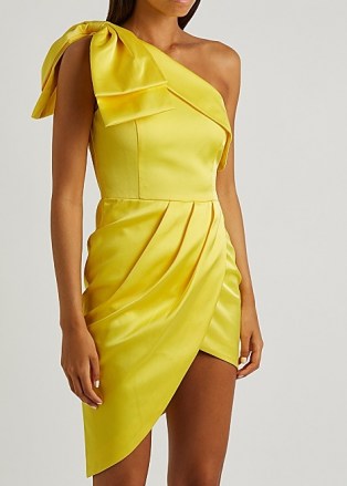 LAVISH ALICE Yellow bow-embellished satin mini dress | asymmetric luxe style party dresses | one shoulder occasion fashion