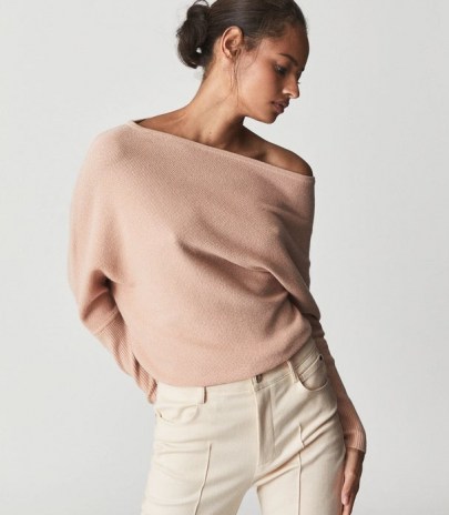 REISS LAYLAH ASYMMETRIC TOP NUDE ~ womens luxe off the shoulder lightweight knit tops - flipped