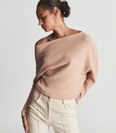 REISS LAYLAH ASYMMETRIC TOP NUDE ~ womens luxe off the shoulder lightweight knit tops