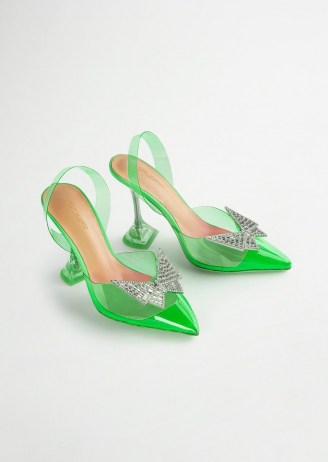 TONY BIANCO Lexus Lime Vinylite 10.3cm Heels – green clear embellished slingback pumps – martini glass heels – transparent flared high heel courts