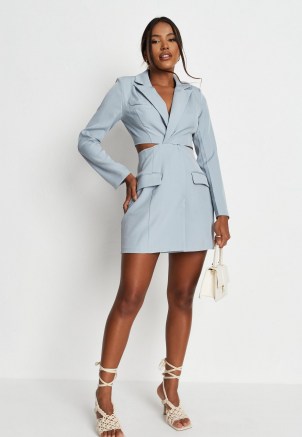 MISSGUIDED light blue twist front cut out blazer mini dress – jacket style going out dresses - flipped