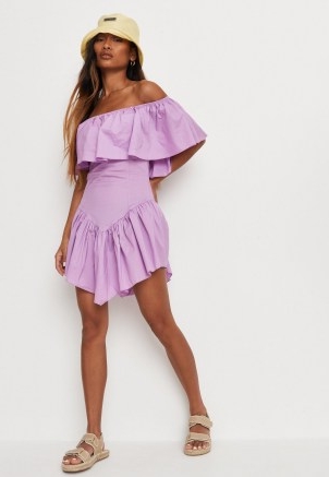 MISSGUIDED lilac poplin ruffle hem bardot mini dress – off the shoulder dresses – ruffled asymmetric hem