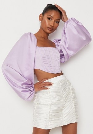 MISSGUIDED lilac satin balloon sleeve corset top ~ cropped fitted bodice volume sleeved tops - flipped
