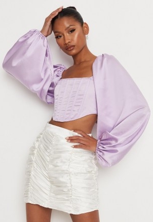 MISSGUIDED lilac satin balloon sleeve corset top ~ cropped fitted bodice volume sleeved tops