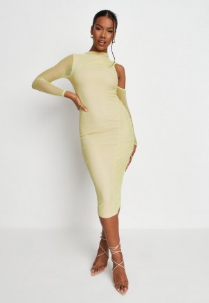 MISSGUIDED lime cold shoulder ruched mesh midi dress – light green sheer long sleeve bodycon – fitted going out evening dresses - flipped