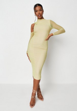MISSGUIDED lime cold shoulder ruched mesh midi dress – light green sheer long sleeve bodycon – fitted going out evening dresses