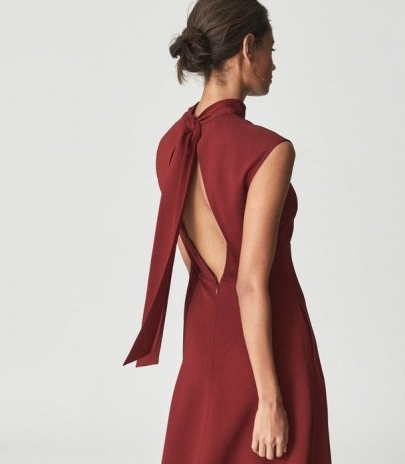 REISS LIVVY OPEN BACK MIDI DRESS DARK RED ~ chic high neck cap sleeve fit and flare dresses ~ womens self-tie bow detail occasion fashion