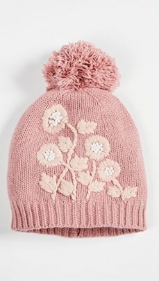 LoveShackFancy Underwood Hat Rose Blush / pink pom pom hats / floral knitted bobble hats