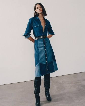 NILI LOTAN MADELINE PATCHWORK DENIM SKIRT | chic tonal blue 70s inspired A-line skirts | women’s 1979s style fashion - flipped