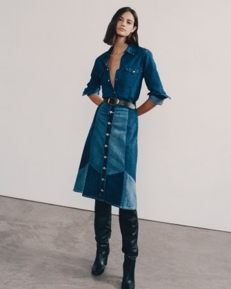 NILI LOTAN MADELINE PATCHWORK DENIM SKIRT | chic tonal blue 70s inspired A-line skirts | women’s 1979s style fashion