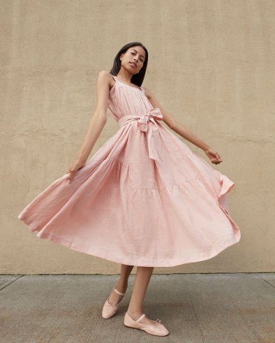LOEFFLER RANDALL Marianna Blush Tiered Dress ~ strapless square neck tiered dresses ~ pink linen tie waist fit and flare ~ feminine fashion - flipped