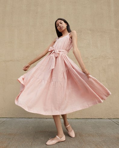 LOEFFLER RANDALL Marianna Blush Tiered Dress ~ strapless square neck tiered dresses ~ pink linen tie waist fit and flare ~ feminine fashion