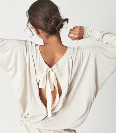 REISS MARLIN FINE JERSEY BOW DETAIL TOP STONE ~ open back batwing inspired tops - flipped