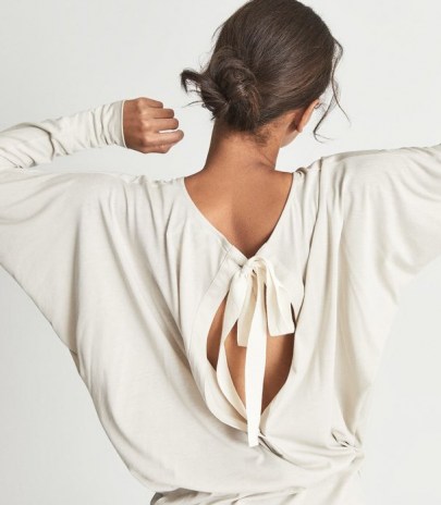 REISS MARLIN FINE JERSEY BOW DETAIL TOP STONE ~ open back batwing inspired tops