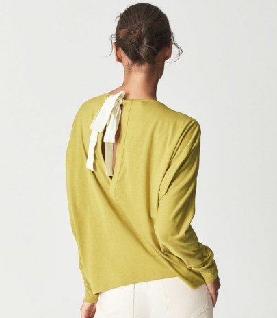 REISS MARLIN FINE JERSEY BOW DETAIL TOP YELLOW / womens stylish relaxed fit tops / keyhole back tie - flipped