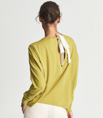 REISS MARLIN FINE JERSEY BOW DETAIL TOP YELLOW / womens stylish relaxed fit tops / keyhole back tie