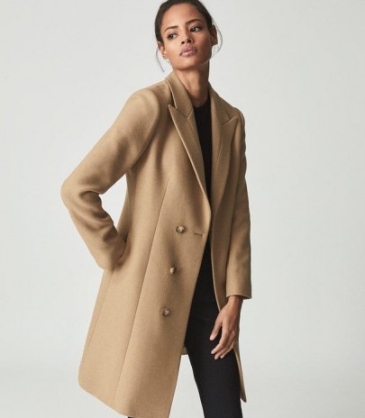 REISS MARLOW SHORT WOOL CROMBIE COAT CAMEL ~ womens light brown tailored coats - flipped