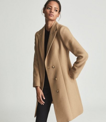 REISS MARLOW SHORT WOOL CROMBIE COAT CAMEL ~ womens light brown tailored coats