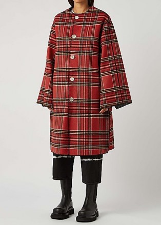 MARNI Tartan and houndstooth reversible wool-blend coat / womens red plaid wide sleeve coats / women’s houndstooth reverse print outerwear - flipped