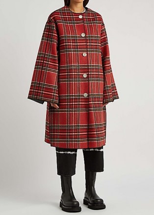MARNI Tartan and houndstooth reversible wool-blend coat / womens red plaid wide sleeve coats / women’s houndstooth reverse print outerwear