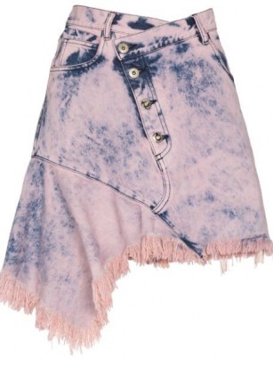 Marques’Almeida asymmetric dyed denim mini skirt in pink and blue | fringed edge skirts | frayed hem