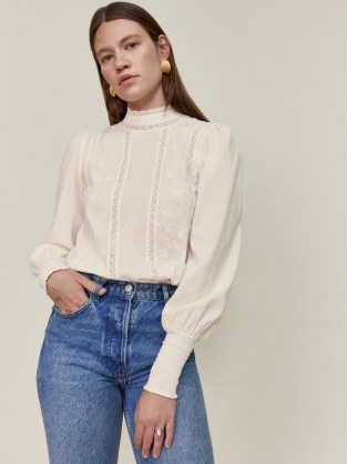 REFORMATION Martine Top in Cream / romantic floral embroidered high neck tops / long sleeve vintage style blouses - flipped