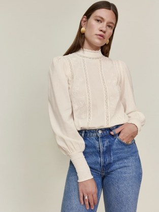 REFORMATION Martine Top in Cream / romantic floral embroidered high neck tops / long sleeve vintage style blouses