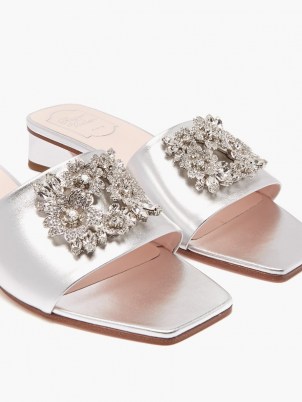 ROGER VIVIER Bouquet crystal-buckle silver leather slides – luxe metallic block heel embellished mules – square toe