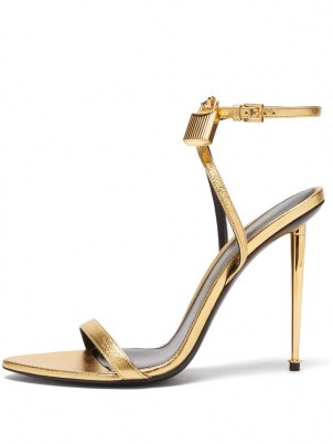 TOM FORD Naked metallic-leather heeled sandals in gold ~ luxe barely there padlock buckle detail stiletto heels - flipped